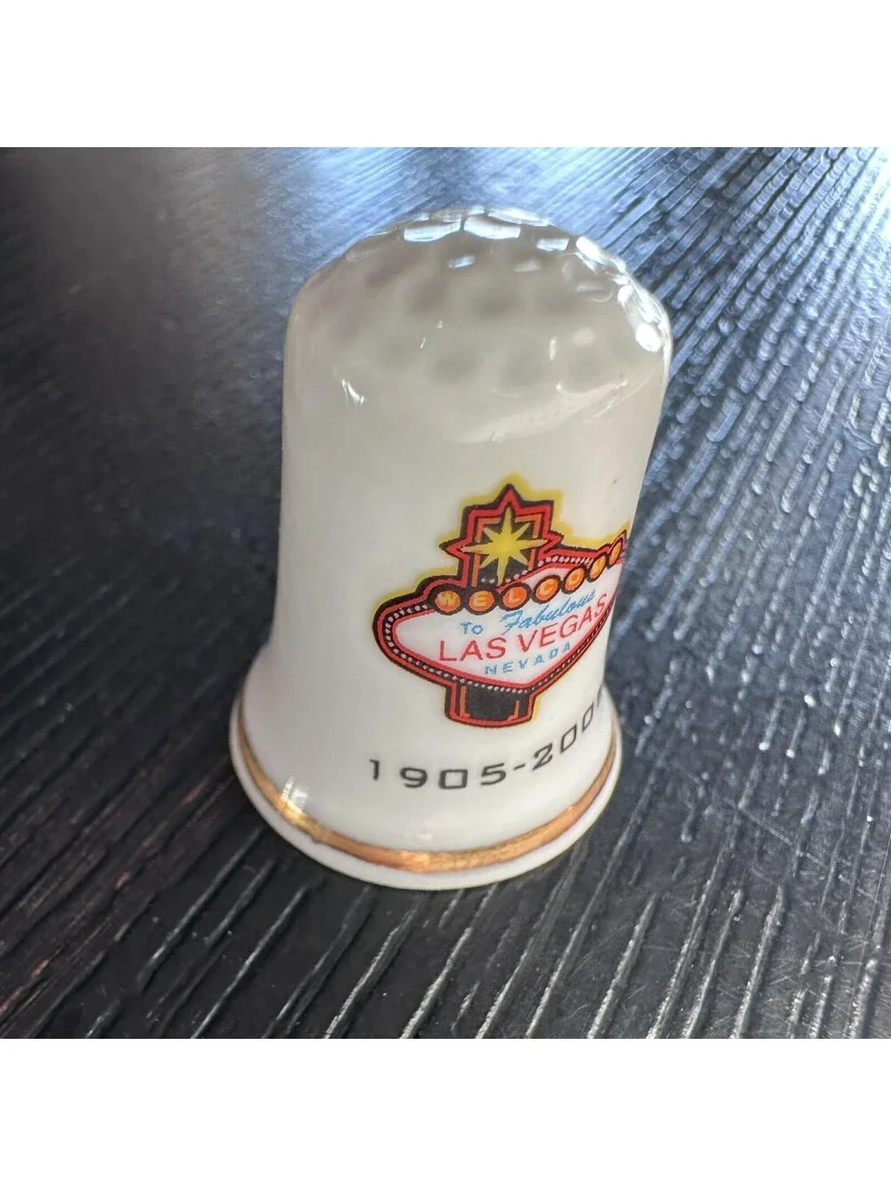 Las Vegas Centennial 1905-2005 Souvenir Thimble Welcome Sign Gold Trim EUC